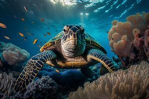 Sea Turtle Swims Underwater. photo