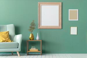 Frame Mockup Hanging On The Wall In Minimalist Interior Room. photo