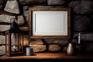 Frame Mockup Hanging On The Wall In Minimalist Interior Room. photo