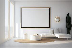 Frame Mockup Hanging On The Wall In Minimalist Interior Room. photo