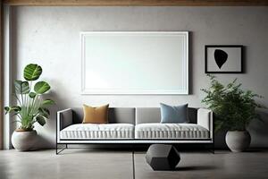 marco Bosquejo colgando en el pared en minimalista interior habitación. ai generado foto
