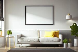 Frame Mockup Hanging On The Wall In Minimalist Interior Room. photo