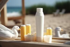 Sunscreen bottle on sand. photo