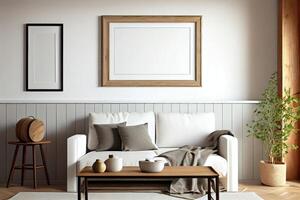 Frame Mockup Hanging On The Wall In Minimalist Interior Room. photo