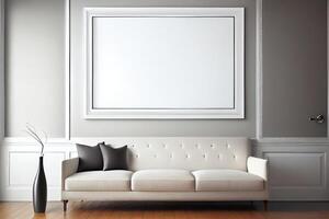 Frame Mockup Hanging On The Wall In Minimalist Interior Room. photo