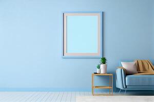 Frame Mockup Hanging On The Wall In Minimalist Interior Room. photo