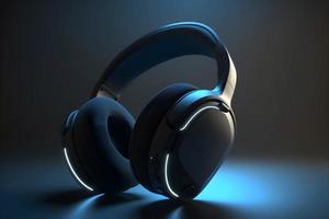 3D Render of Black Headphones with LED Light with Dark Background photo