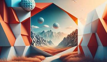 Surreal Abstract Geometric Rendered Background with Landscape Scene photo