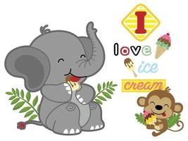 vector cartoon of cute elephant with little monkey eating ice cream