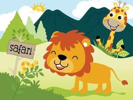 Funny animals cartoon in forest. Cute lion with giraffe and caterpillar vector