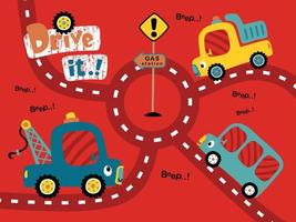 gracioso vehículos dibujos animados en el anillo camino, tráfico elemento dibujos animados vector
