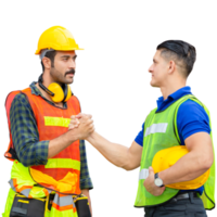 Engineer and worker man in hard hat with handshake, foreman in hardhat, job and occupation concepts png