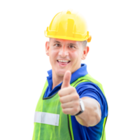 retrato de trabajador hombre en un uniforme demostración pulgares arriba, capataz en casco de seguridad, trabajo y ocupación conceptos png