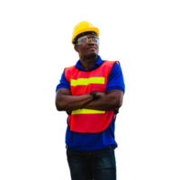 Engineer man, worker in hard hat with arms crossed looking to the sky png