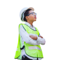 Female engineer worker in hard hat with arms crossed looking sky png