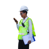 hembra ingeniero, mujer trabajador en difícil sombrero con teléfono inteligente png