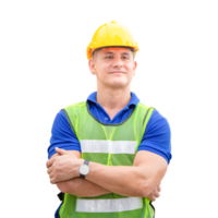 portrait de ingénieur homme dans une uniforme avec bras franchi, contremaître ouvrier dans casque, emploi et Occupation concepts png