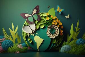 World environment day background with flower and butterfly, Earth day. photo