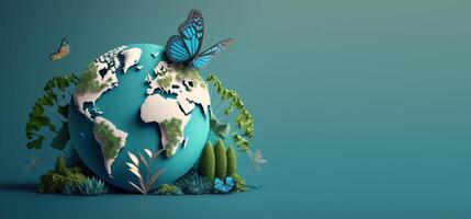 World environment day with earth and butterfly on blue background, Earth day. photo