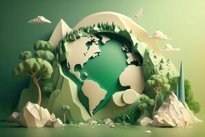 mundo ambiente día en verde antecedentes en papel cortar estilo, tierra día. generativo ai foto