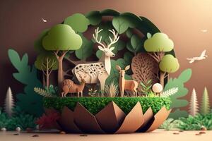 World environment day background with wildlife paper cut style. photo