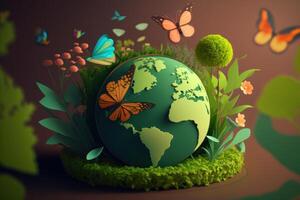 World environment day background with flower and butterfly, Earth day. photo