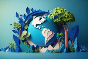 World environment day on blue background in paper cut style, Earth day. photo