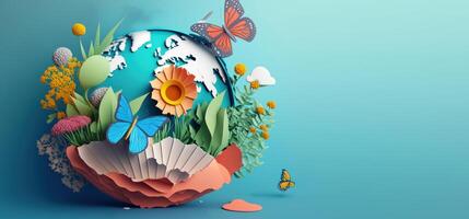 World environment day background with flower and butterfly, Earth day. photo