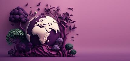 World environment day on purple background in paper cut style, Earth day. photo