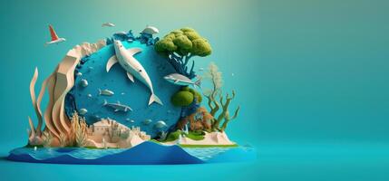 World environment day with sea marine on blue background, World ocean day. photo