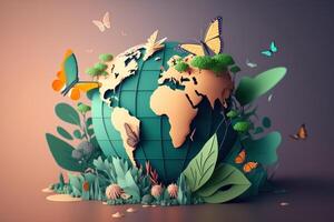 World environment day on pastel color background in paper cut style, Earth day. photo