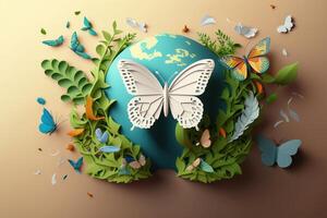 World environment day on pastel color background in paper cut style, Earth day. photo