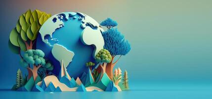 World environment day on blue background in paper cut style, Earth day. photo