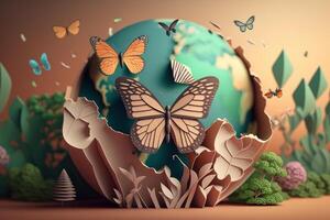 World environment day on pastel color background in paper cut style, Earth day. photo