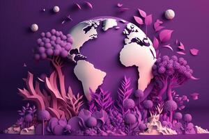 World environment day on purple background in paper cut style, Earth day. photo