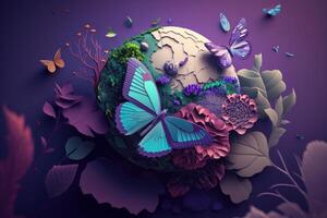 World environment day on purple background in paper cut style, Earth day. photo