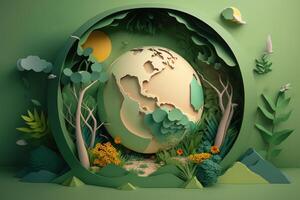 World environment day on green background in paper cut style, Earth day. photo