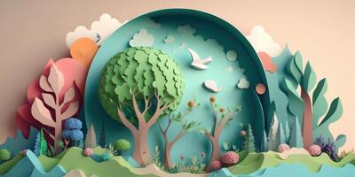 World environment day on pastel color background in paper cut style, Earth day. photo