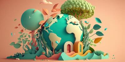 World environment day on pastel color background in paper cut style, Earth day. photo