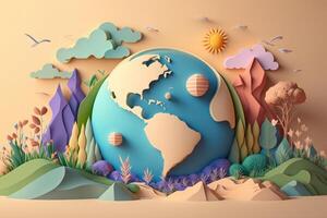 mundo ambiente día en pastel color antecedentes en papel cortar estilo, tierra día. generativo ai foto