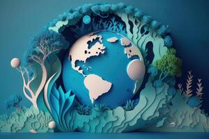 World environment day on blue background in paper cut style, Earth day. photo