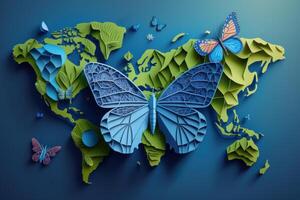 World environment day with earth and butterfly on blue background, Earth day. photo