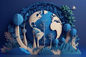 World environment day on blue background in paper cut style, Earth day. photo