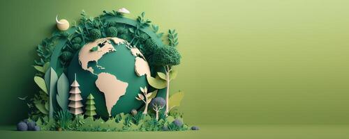 World environment day on green background in paper cut style, Earth day. photo
