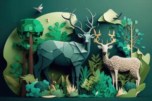 World environment day background with wildlife paper cut style. photo