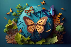 World environment day with earth and butterfly on blue background, Earth day. photo