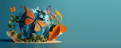 World environment day with earth and butterfly on blue background, Earth day. photo