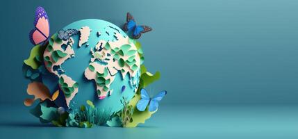 World environment day with earth and butterfly on blue background, Earth day. photo