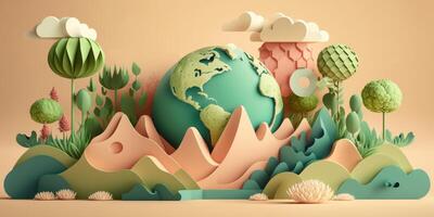 World environment day on pastel color background in paper cut style, Earth day. photo