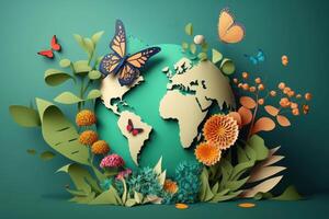 World environment day background with flower and butterfly, Earth day. photo